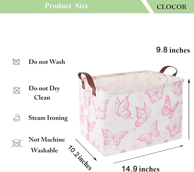 CLOCOR Rectangular Fabric Storage Bin, Waterproof Storage Box with Handles(Pink Butterfly) - Image 5