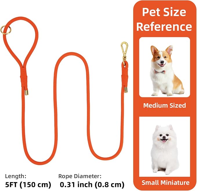 5FT Dog Leash 5/16 inch Puppy Cat Rope Lead | Orange, with Anti-tangle Swivel Clip, Comfortable Non-slip Grip Handle, Ideal for Daily Walks, for Small Medium Dogs - Image 2