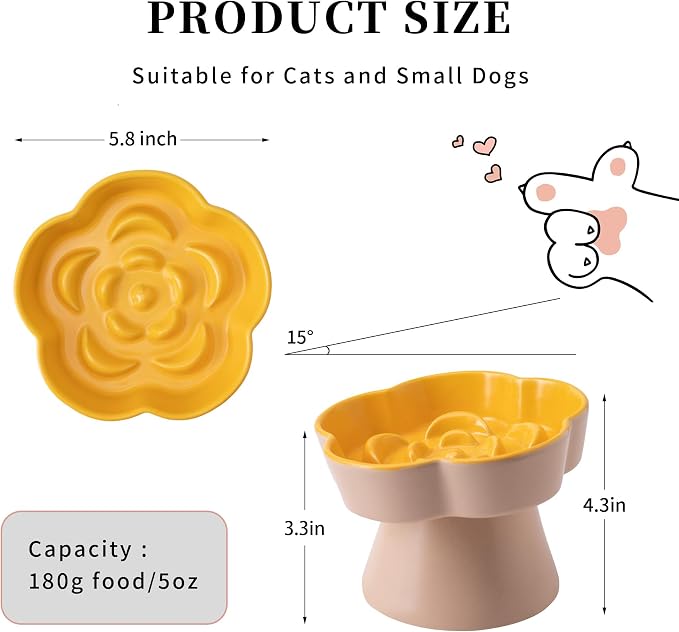 Tilted Cat Bowl, Flower-Shaped Ceramic Slow Feeder Cat Bowl, Raised Pet Bowl for Whisker Relief, Prevents Vomiting & Bloating, Non-Slip Base, Easy to Clean for Dry/Wet Food (Pink & Blue) - Image 2