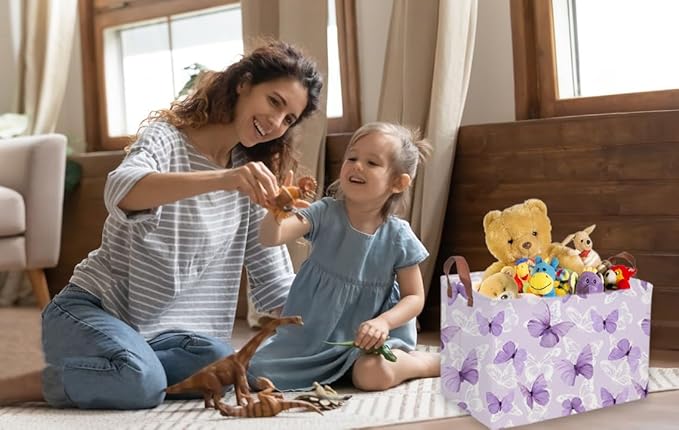 Sanjiaofeng Rectangular Kids Basket Butterfly Storage Bins,Girls Storage Basket with Handles.Clothers,Toys,Books,Kid's Gifts Bins. (Purple Butterfly) - Image 6