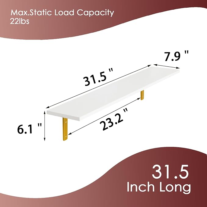Long Wall Shelves, 31.5Inch Wooden Wall Mounted Shelves, Set of 4 | Large Floating Book Shelf, Metal Brackets, Easy Assembly, Max Load 22lbs, Wall Storage Ledges, Bedroom/Bathroom, White & Gold - Image 3