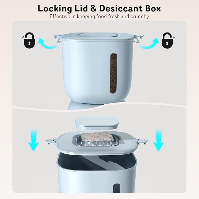 Automatic Cat Feeder and Water Dispenser FW1, Wire or Battery Cat Food Dispenser Timer Pet Feeder - Locking Lid, Desiccant Bag, Programmable Portion Control, 4 Daily Meals, 10s Voice Recorder-Blue - Image 3