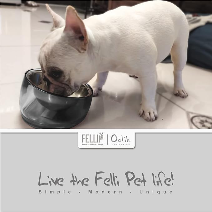 Felli Pet Oblik Acrylic Raised Dog Food Water Bowl Stainless Steel Slanted Oval Dish for Short Leg Puppy & Small Medium Pet, Elevated Tilted Metal Feeder (Smoky, 1.5 Cups Oval Dish) - Image 2