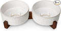 MALACASA Dog Bowl Set, Ceramic Bowls with Walnut Wood Stand, 6 Cups | Rhombic and Polka Dot Design, Non-Slip Base, for Dogs, About 26% Heavier than Similar Ceramic Bowls by MALACASA