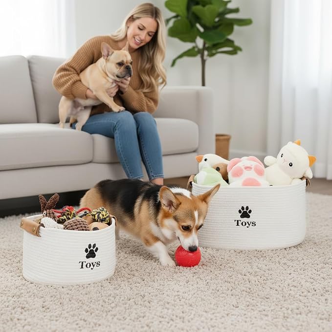 Dog Toy Basket Large, Quality Cotton Rope Dog Toy Bin (18x13x10’’) | Cute Paw Print Large Basket for Dog Toys, Portable Toy Storage Organizer with Handles for Pet Supplies, Toys & Accessories - Image 7