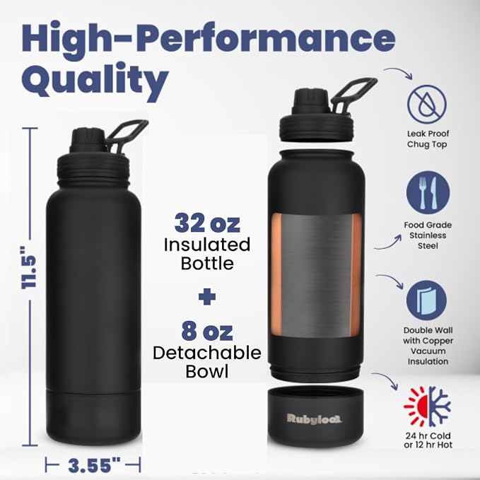 Rubyloo Dog Water Bottle with Detachable Bowl for Dog Lovers, Solid Black | 32oz Insulated Stainless Steel Bottle, 8oz Detachable Bowl, Leak-Proof Lid, BPA-Free, Hiking, Walking, Travel, Gift - Image 4
