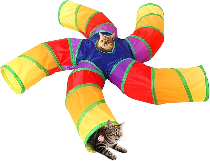 Pet Cat Tunnel, 5 Way Tunnels for Indoor Cats, Collapsible Pet Tunnel for Kitten, Puppy, Rabbit, 25cm-Wide Tunnels, Durable & Breathable, with Peek Hole Toy Ball by Tamiplay