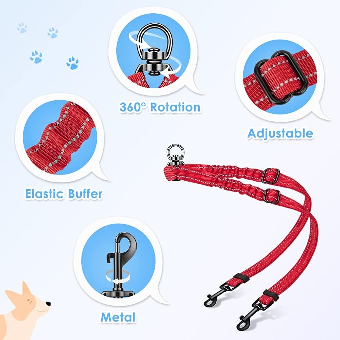 AUTOWT Double Dog Leash, No Tangle 360° Swivel Rotation Reflective Lead Attachment Adjustable Length Dual Two Dog Lead Splitter, Comfortable Shock Absorbing Walking Training for 2 Dogs Red - Image 4