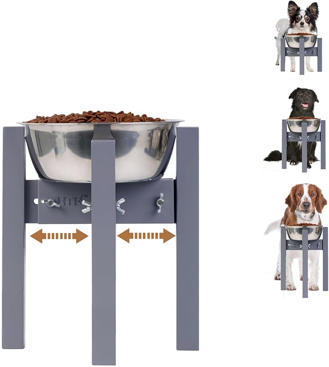 Elevated Dog Bowl Stand Adjustable Dog Food Holder 10”H Medium Grey | 10” Elevated Dog Bowl Stand, Medium Dogs, Adjustable, Fits 7”-10” Bowls, Single Bowl Holder, Natural Bamboo, Classic Grey by HTB