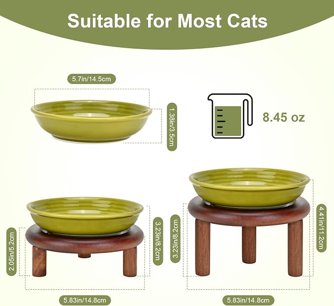 SPUNKYJUNKY Shallow Elevated Cat Bowl with Acacia Wood Stand Wide Raised Ceramic Cat Dishes Whisker Friendly Pet Food and Water Plates (Striped Pattern, 2 Pack, Green) - Image 2