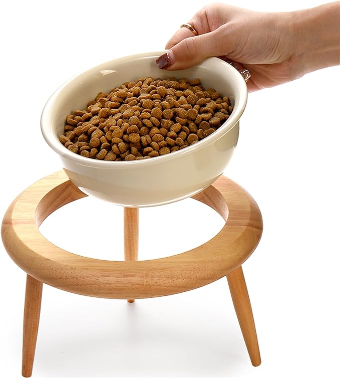 DEAYOU Ceramic Cat Bowl Adjustable, Tilted Elevated Raised Pet Dish, No Spill Pet Food Water Feeder, Slanted Dog Bowl with Wood Stand for Kitty, Pet Supplies, Stress Free, 600 ML/20 OZ, Cream White - Image 5