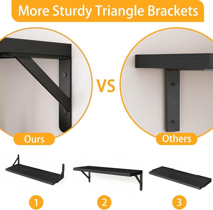 YGEOMER 16.5in Floating Shelves for Wall Home Decor, Black Set of 6 | Rustic wood shelves with metal brackets. Space-saving for books & decor. Works in bathroom, kitchen, living room & bedroom. - Image 4