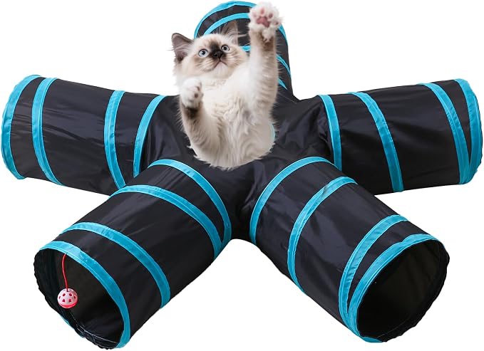 Pet Cat Tunnel, 5 Way Tunnels for Indoor Cats, Collapsible Pet Tunnel for Kitten, Puppy, Rabbit, 25cm-Wide Tunnels, Durable & Breathable, with Peek Hole Toy Ball by Tamiplay