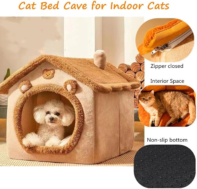 Cat Beds for Indoor Cats, Cute Bear Shape Cat Bed Cave, Brown | Pet House Cats Tent with Removable Cushion Pillow for Kittens Puppy Small Dogs - Image 6