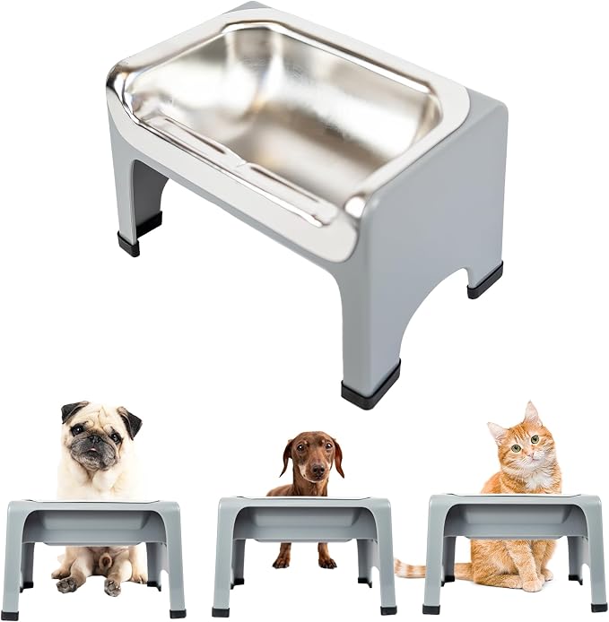 Fluff Trough 7.25 Inch Tall Elevated Dog Bowls for Medium & Small Dogs – Stainless Steel Raised Dog Bowl with Stand Holds 2 Cups of Pet Food – Vet Recommended, Dishwasher Safe Dog Feeder Station by FluffTrough