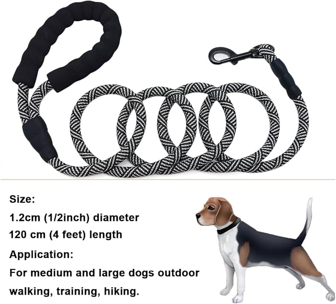 MayPaw Heavy Duty Rope Dog Leash, 3/4/6/7/8/10/12/15/20/30 FT Nylon Pet Leash, Soft Padded Handle Thick Lead Leashes for Large Medium Dogs (Black, 1/2" * 4') - Image 5