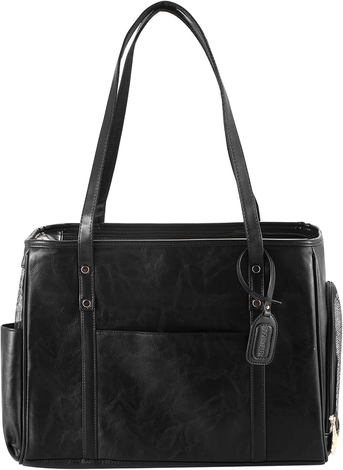 Fashion Dog Carrier Purse, Premium Leather Cat Carrier Bag, Airline Approved Soft Sided Pet Travel Tote Bag with Pockets Black - Image 8