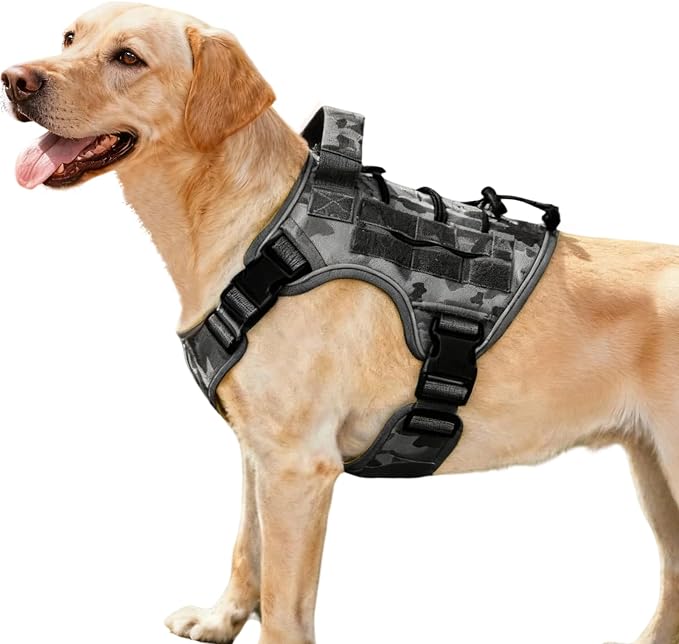 Heavy-Duty Tactical Dog Harness for Large Dogs, No Pull Adjustable Reflective Pet Vest with Molle System, K9 Military-Grade Control for Service Training, Outdoor & 10+ Breeds, Gray Camo, Medium by Bruvoalon