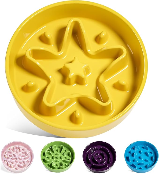 LE TAUCI Slow Feeder Dog Bowls Ceramic,3 Cups Slow Feeding Dog Bowl Medium Large Breed, Pet Bowl for Fast Eaters, Puzzle Pet Dishes, Star Yellow by LETAUCI