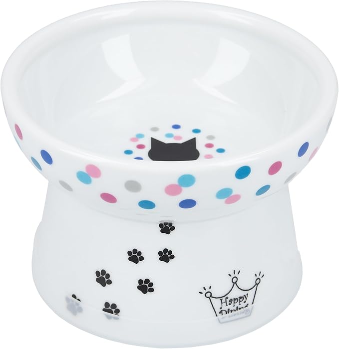 Necoichi Ceramic Raised Cat Food Bowl, 15° Tilted (Colorful Dots, Regular) by NECOICHI