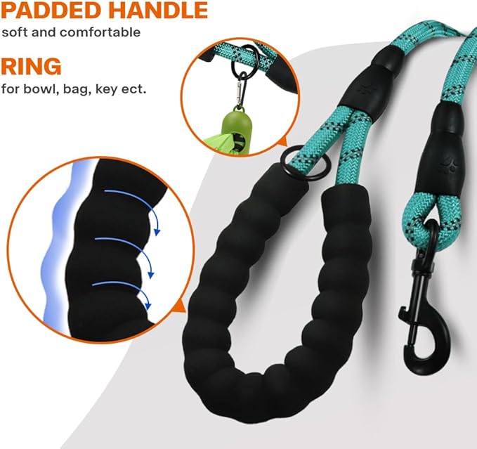 Taglory Rope Dog Leash for Medium Large Dogs, 6 FT Padded Handle, Turquoise | Climbing Rope for Strong Pullers, Reflective for Night Walks and Training, Comfortable Grip, Anti-tangle Swivel Clip 1/2 inch - Image 4