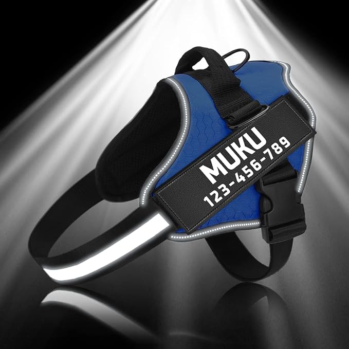 MUMUPET Custom Dog Harness Vest with 2 Personalized Name & Phone Patches | No Pull Reflective Adjustable with Handle, Soft Breathable Padding for Large Dogs (Blue, L) - Image 4