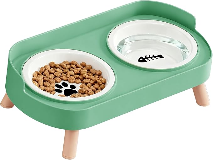 Elevated Cat Bowls, 2 Ceramic Raised Cat Food and Water Bowl Set, Prevent Cat Chin Acne, Whisker Fatigue Friendly, Splash Proof & Dishwasher Safe for Indoor Cats and Small Dogs - Green by Unknown