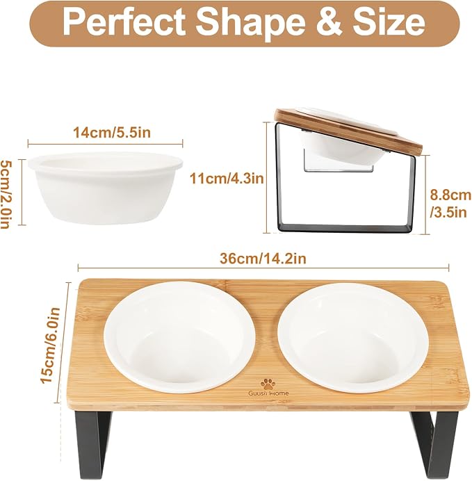 Sunhoo Ceramic Elevated Cat Bowls Raised Puppy Dishes for Food and Water Tilted Wooden Stand for Indoor Cats 5.5 inch Wide Double Dish Orthopedic Reduces Vomiting (Wood Color) - Image 2