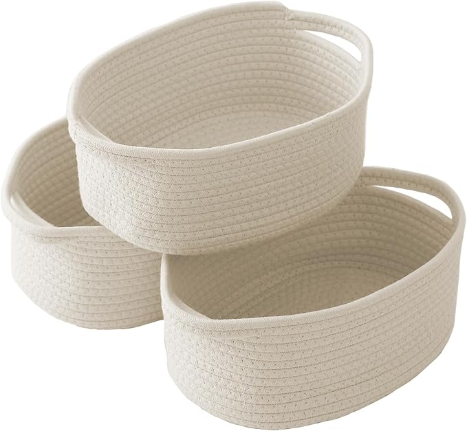 JMvicyroam Small Woven Basket, Empty Gift Basket, White/3 Pack | Small Gift Basket, Cotton Rope, 12 x 8 x 8 in, Handles, Includes Ribbon and Bag, Birthday Gift Basket by JMvicyroam
