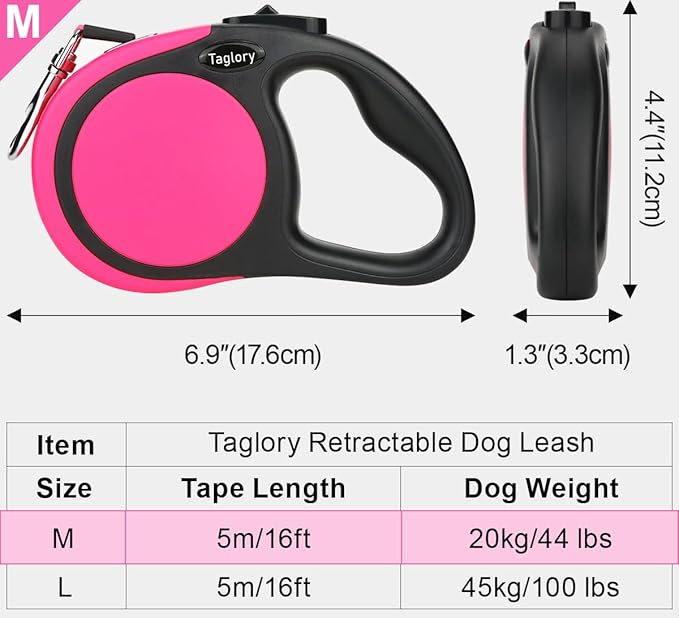 Taglory Retractable Dog Leash, One-Handed Brake, 16ft, Up to 44 lbs, Pink | More Freedom While Staying in Control, Smooth Retraction, Tangle-Free Design, Easy-Grip Handle, Daily Neighborhood Walks - Image 4