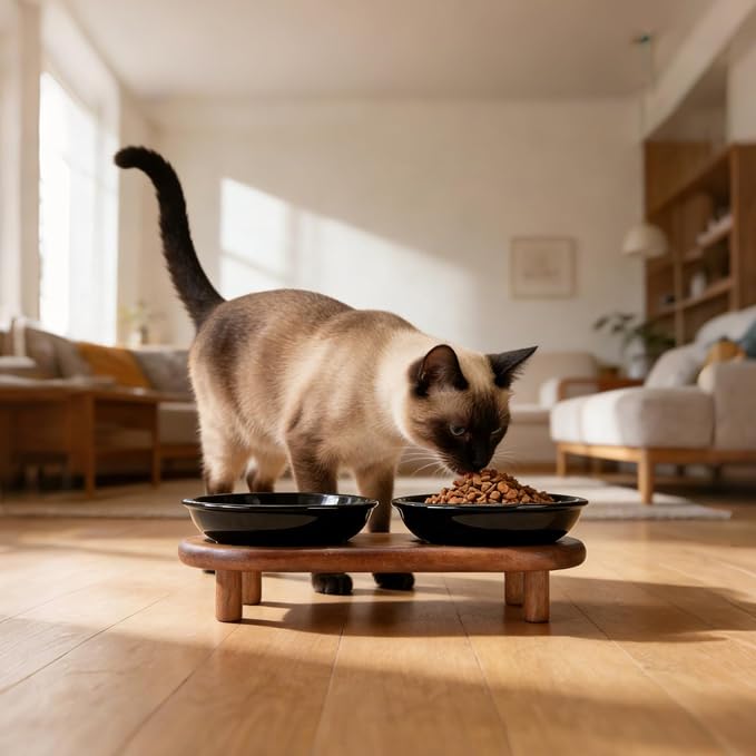SPUNKYJUNKY Shallow Elevated Cat Bowl with Acacia Wood Stand Wide Raised Ceramic Cat Dishes Whisker Friendly Pet Food and Water Plates (Striped Pattern, Black) - Image 6