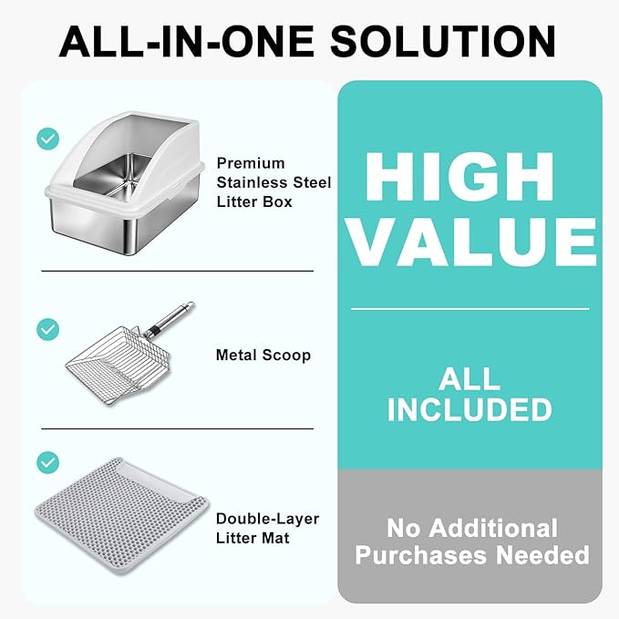 AIPERRO Stainless Steel Litter Box | XL Enclosed Cat Litter Boxes with Lid | High Sided Metal Litter Box for Big Cats | Anti-Urine Leakage | Non-Stick & Easy to Clean | Includes Litter Mat & Metal Scoop - Image 2