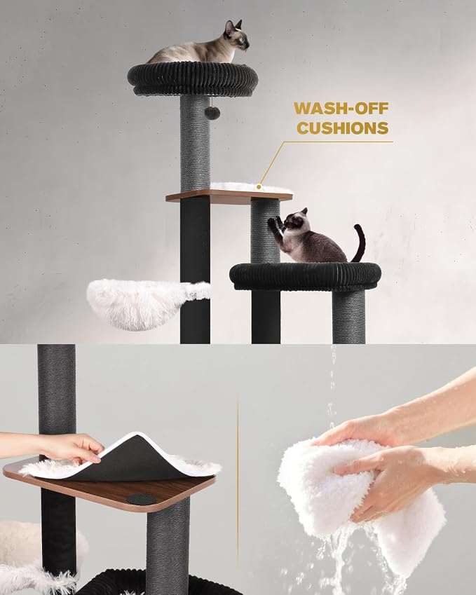 63" Heavy Duty Cat Tower, Modern Cat Tree, Wooden Cat Tree | Modern Cat Furniture, Sturdy Cat Tree Tower, Indoor Scratching Post, Plush Top Perch, Cozy Cat Condo - Image 3