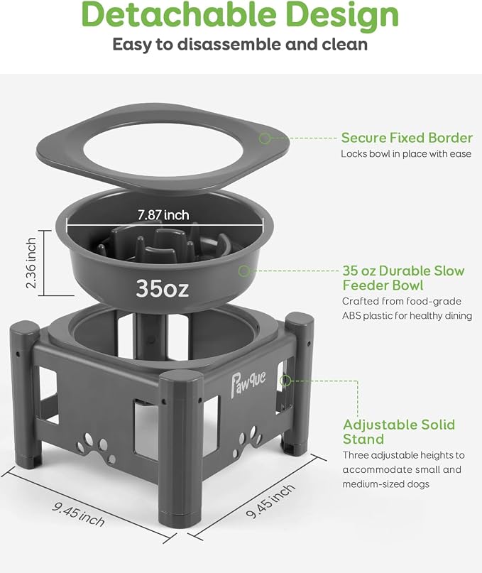 Pawque 35oz Elevated Slow Feeder Dog Food Bowls with Adjustable Stand | 3 Heights (6.1", 7.7", 9.3"), Raised Dog Bowls for Medium and Small Breed Dogs Cats, Non Slip Rubber & Mess Proof - Image 2
