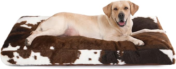 Bedfolks Plush Waterproof Dog Crate Bed, Faux Fur Kennel Pad for Extra Large Dogs, Removable Washable Cover, 41"x27", Cow Print by Bedfolks