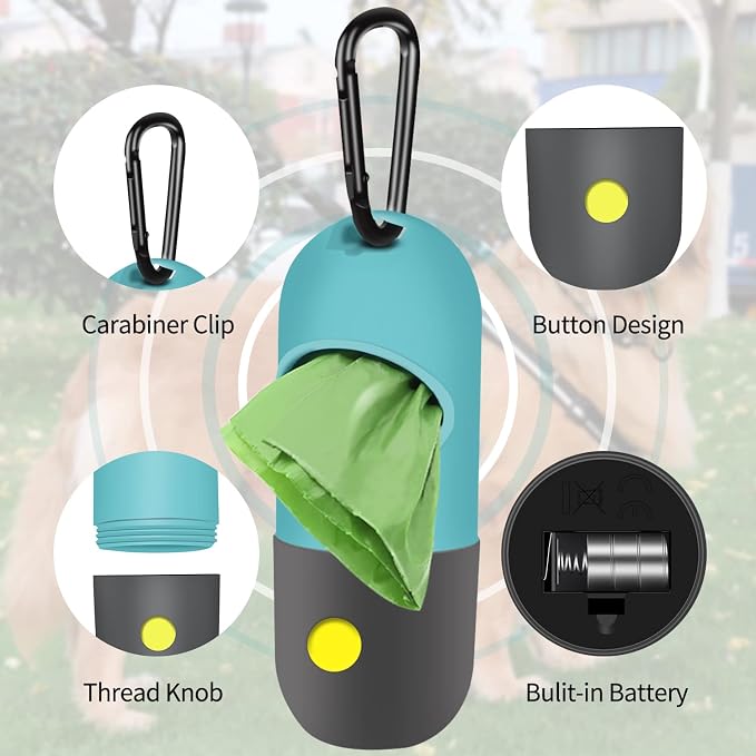 2 Pack Dog Poop Bag Dispenser with Built-in LED Flashlight, Pet Waste Bag Holder for Leash with Carabiner Clip for Lead Leash, 2 Rolls Leak-proof Doggy Waste Bags for Dog Walking, Blue,Eliamo - Image 3