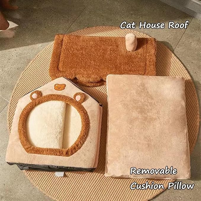Cat Beds for Indoor Cats, Cute Bear Shape Cat Bed Cave, Brown | Pet House Cats Tent with Removable Cushion Pillow for Kittens Puppy Small Dogs - Image 7