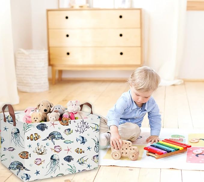 Sanjiaofeng Rectangular Kids Basket Ocean Storage Bins,Boys and Girls Storage Basket with Handles.Clothers,Toys,Books,Kid's Gifts Bins. (Ocean) - Image 2