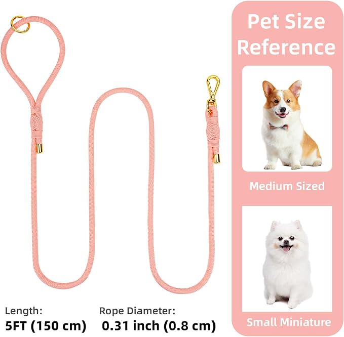 5FT Dog Leash 5/16 inch Puppy Cat Rope Lead | Light Pink,with Anti-tangle Swivel Clip, Comfortable Non-slip Grip Handle, Ideal for Daily Walks, for Small Medium Dogs - Image 2