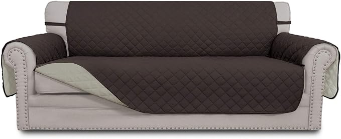 Easy-Going 4 Seater Sofa Slipcover Reversible Sofa Cover Water Resistant Couch Cover with Foam Sticks Elastic Straps Furniture Protector for Pets Children Dog Cat (XX-Large, Chocolate/Beige) | XX-Large Sofa, Washable Slipcover For Dogs, Water Resistant... by Easy-Going