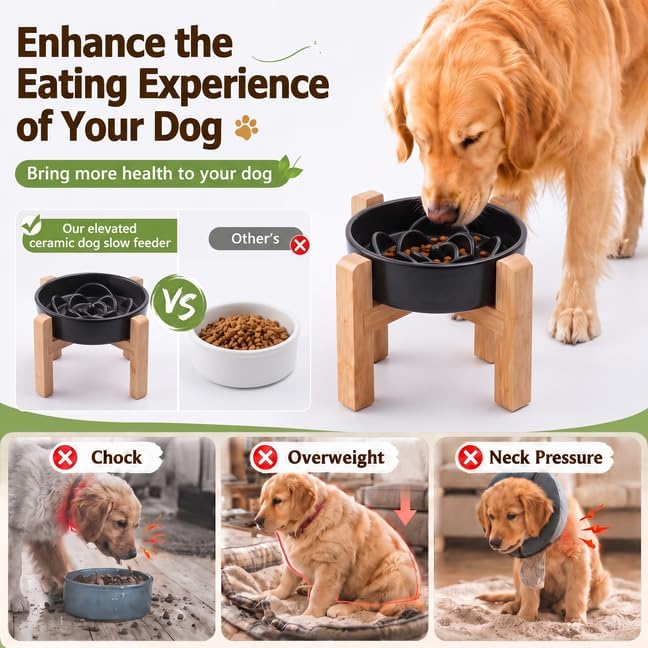 Elevated Ceramic Slow Feeder Dog Bowls Anti-Choking Slow Feeding for Medium& Large Anti-Slip Non-Lead & Toxic Durable Easy to Clean Maze Slow Feeder Bowl（8.66in Black Flower Pattern） - Image 4