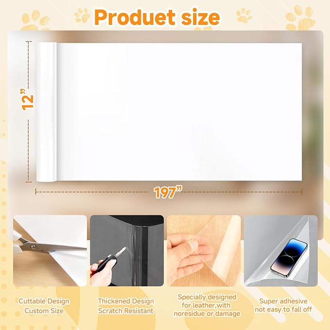 Anti Cat Scratch Furniture Protector Clear Furniture Protectors from Cats Scratching Large Size 197''x 12''for Sofas Chairs Leather Couch Protector from Cat Claws for Doors Cat Scratch Deterrent Tape - Image 2