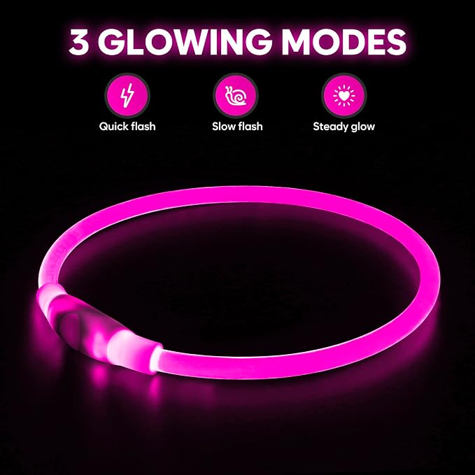 HIGO LED Dog Collar, USB Rechargeable Light Up Dog Collars Glow in the Dark, Waterproof LED Dog Necklace for Your Dogs Walking at Night (Pink) - Image 2