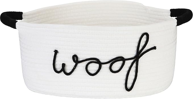 Sea Team Dog Toy Storage Basket with Handles, White Woof | Large Cotton Rope Storage Bin, Shelf Basket, Organizer for Pet Chew Toys, Foods, 16.5 x 11 x 7 Inches, 4.4 Gallons by SeaTeam