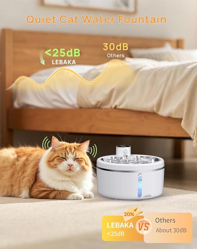 Wireless Cat Water Fountain [with Stainless Steel Tray], 84oz/2.5L Pet Fountain for Cats Inside, Cat Fountain for Drinking with Motion Sensor - Image 6