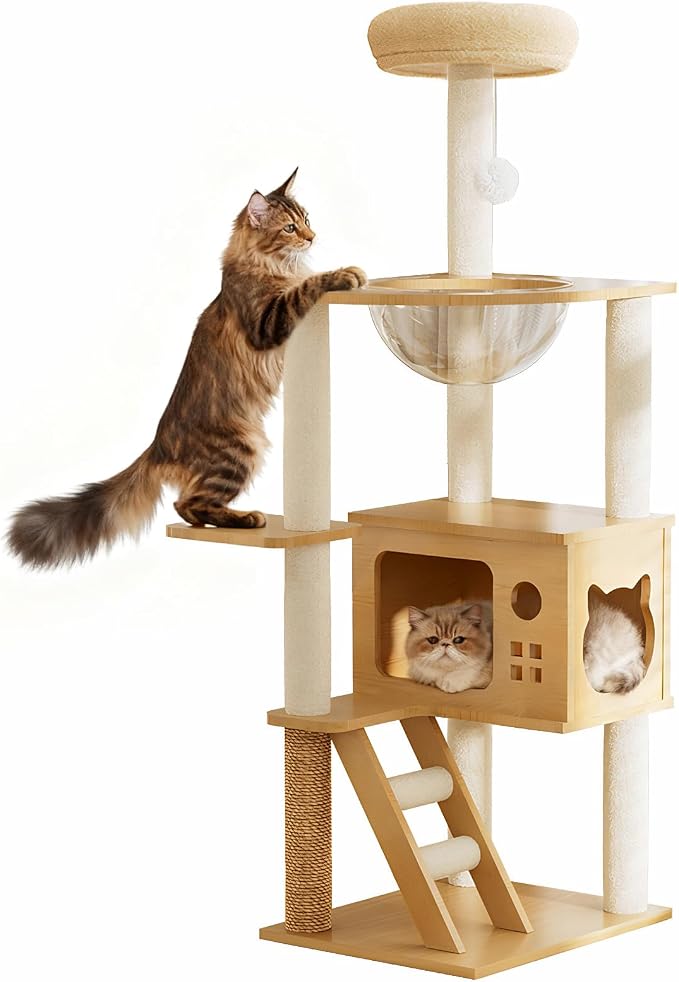 Modern Cat Tower, Wood Cat Tree Tower for Indoor Cats, Cat Tree with Sisal-Covered Scratching Posts and Soft Top Perch, 48.8'' Cat Condo with Acrylic Hammock for Small Large Cats by PELUOMOZ