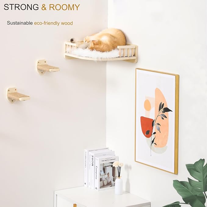 Cat Wall Shelves with 3 Steps Scratch Post, Climbing Shelf and Hammock for Indoor Cats (Wood) - Image 4