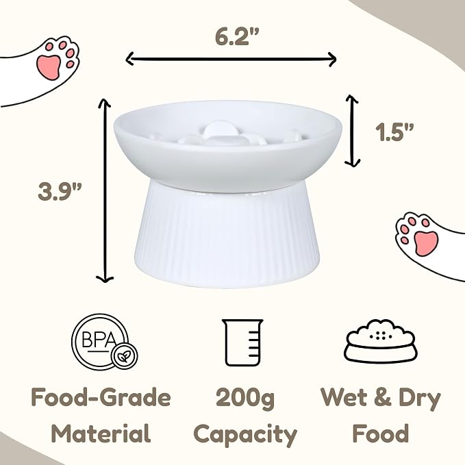 Unbreakable Raised Slow Feeder Bowl for Cats and Small Dogs, Elevated Cat Bowls, Detachable Slow Feede Bowl, Heavy Weighted, Non-Slip Feeder, Dry & Wet Food, Whisker Friendly Flat Plates (White - Image 7