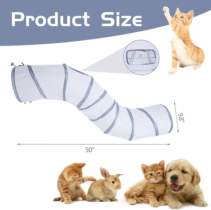 Sheldamy Cat Tunnel, S-2-Way Cat Tunnels for Indoor Cats, Collapsible Cat Play Tunnel, Interactive Toy Maze Cat House with 1 Play Ball for Cats, Puppy, Kitty, Kitten, Rabbit (White & Gray) - Image 2