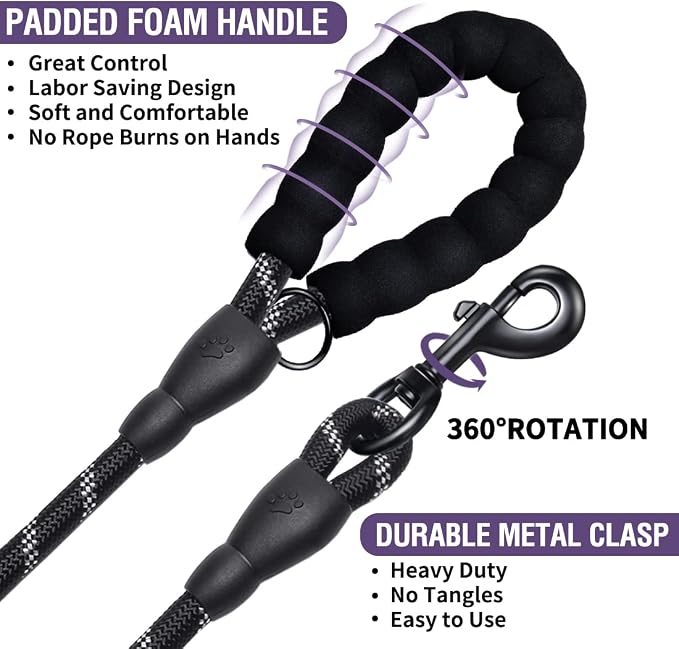 COOYOO 2 Pack Dog Leash 6 FT Heavy Duty - Comfortable Padded Handle - Reflective Dog Leash for Medium Large Dogs with Collapsible Pet Bowl Set 3-Black+Purple - Image 5